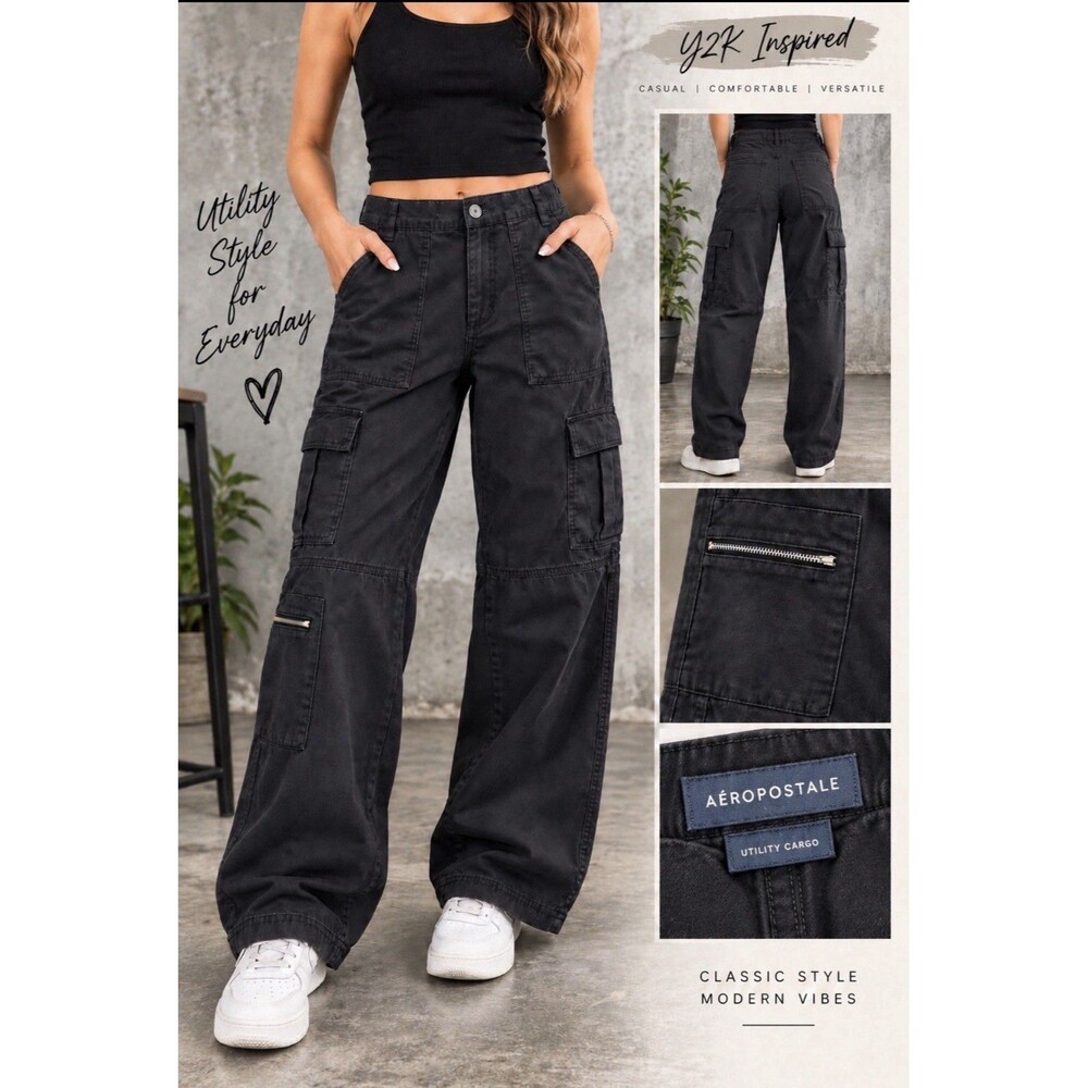 Aeropostale Utility Cargo Pants Women S Black Y2K Streetwear Flare Wide Leg